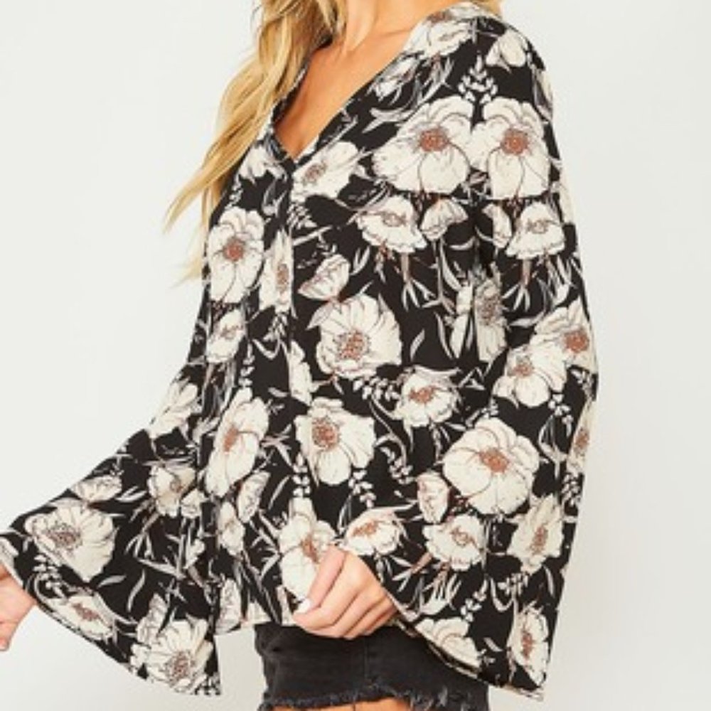 Anthro Love Bell Sleeve Blouse Black & Pink Floral NWT